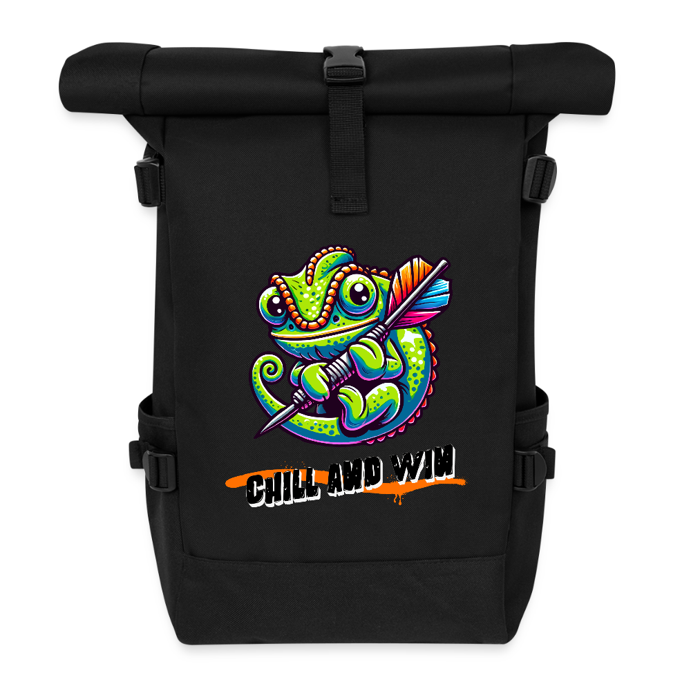 Darts-Rolltop-Rucksack Motiv "Chill and Win" - Schwarz