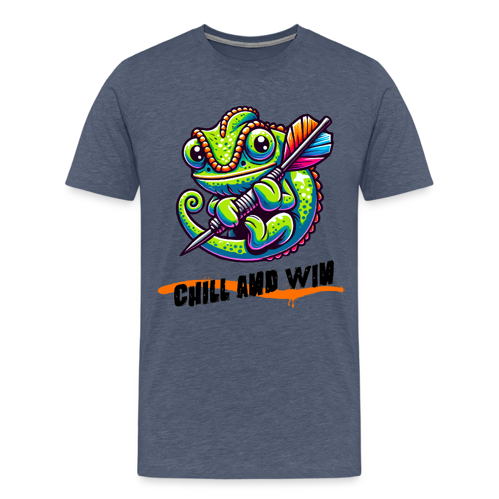 Gildan Heavy Darts-T-Shirt fuer Maenner Motiv "Chill and Win" (Druck vorne) - Blau meliert