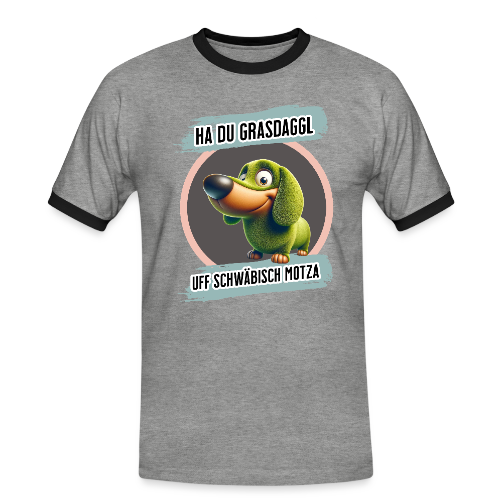 Kontrast Fun T-Shirt Motiv "Ha du Grasdaggl" (Druck vorne) - Grau meliert/Schwarz