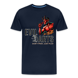 Premium Darts-T-Shirt fuer Maenner Motiv "Don't Pray" (Druck vorne dunkel) - Navy