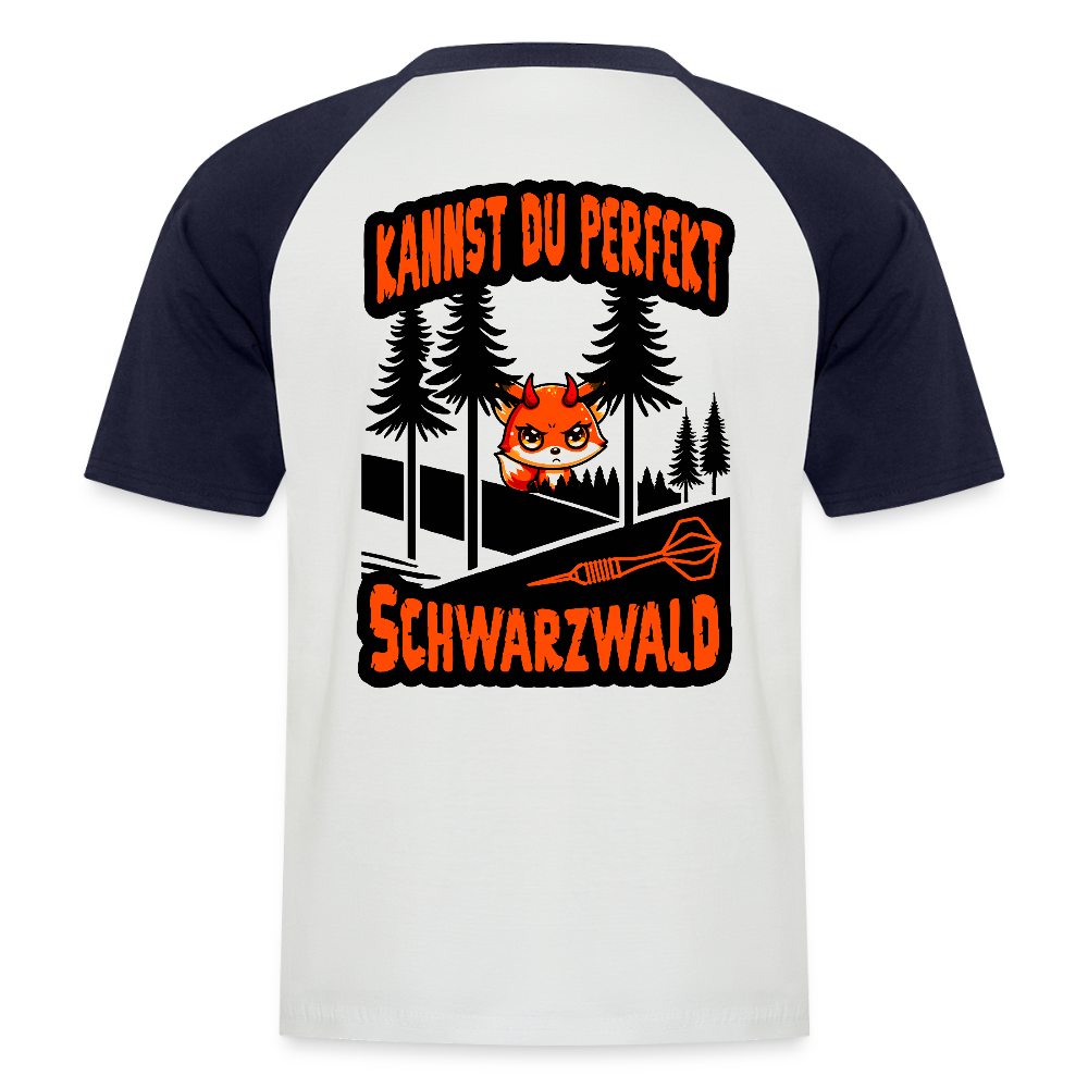 Baseball-Darts-T-Shirt Motiv "Schwarzwald Perfekt" (druck hinten) - Weiß/Navy