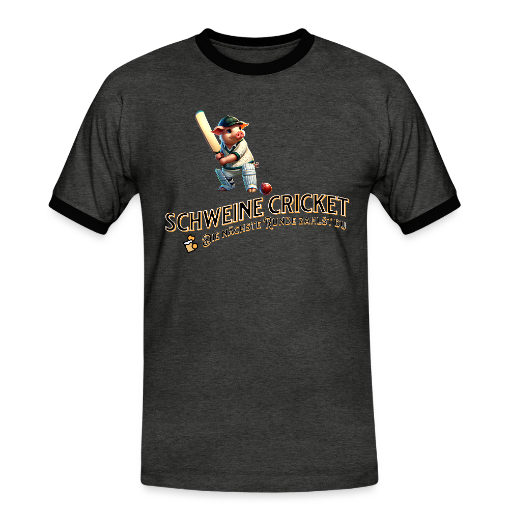 Kontrast-Darts T-Shirt fuer Maenner: Motiv Schweine Cricket (Druck vorne) - Anthrazit/Schwarz