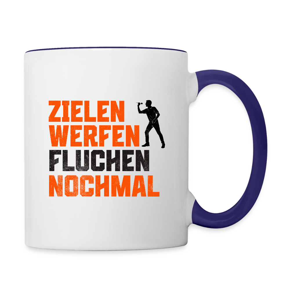 Darts-Tasse zweifarbig Motiv "Dartsfluch" - Weiß/Kobaltblau