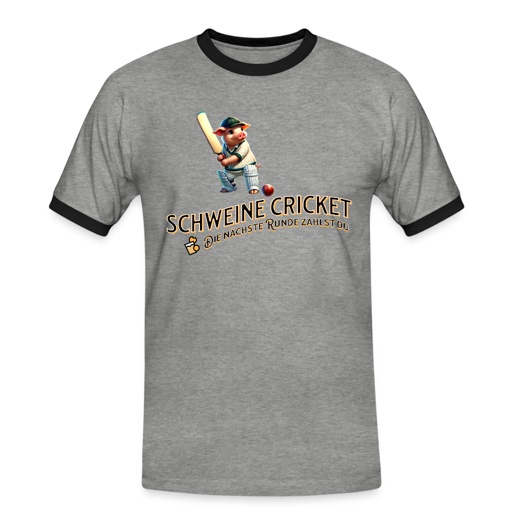 Kontrast-Darts T-Shirt fuer Maenner: Motiv Schweine Cricket (Druck vorne) - Grau meliert/Schwarz
