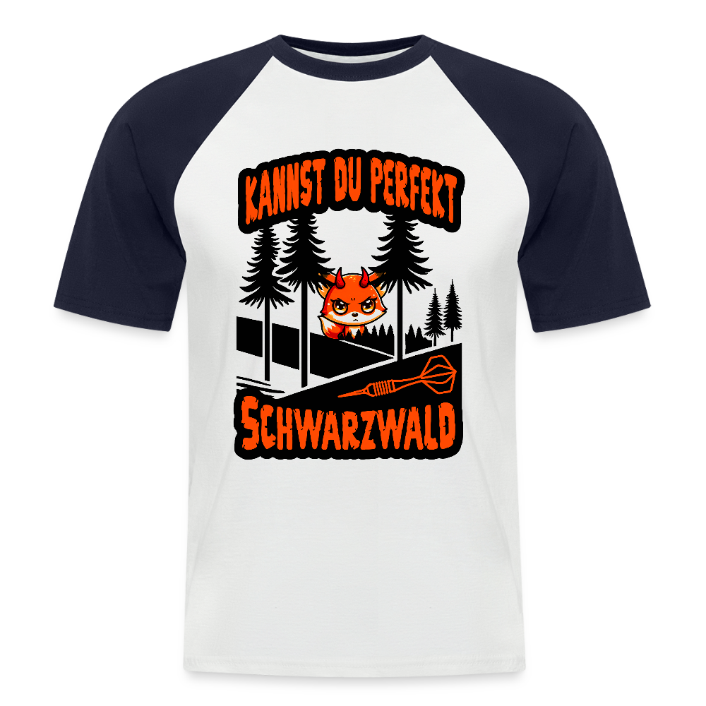 Baseball-Darts-T-Shirt Motiv "Schwarzwald Perfekt" (druck vorne) - Weiß/Navy