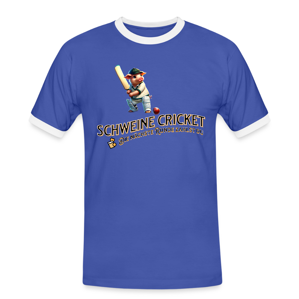 Kontrast-Darts T-Shirt fuer Maenner: Motiv Schweine Cricket (Druck vorne) - Blau/Weiß