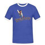 Kontrast-Darts T-Shirt fuer Maenner: Motiv Schweine Cricket (Druck vorne) - Blau/Weiß