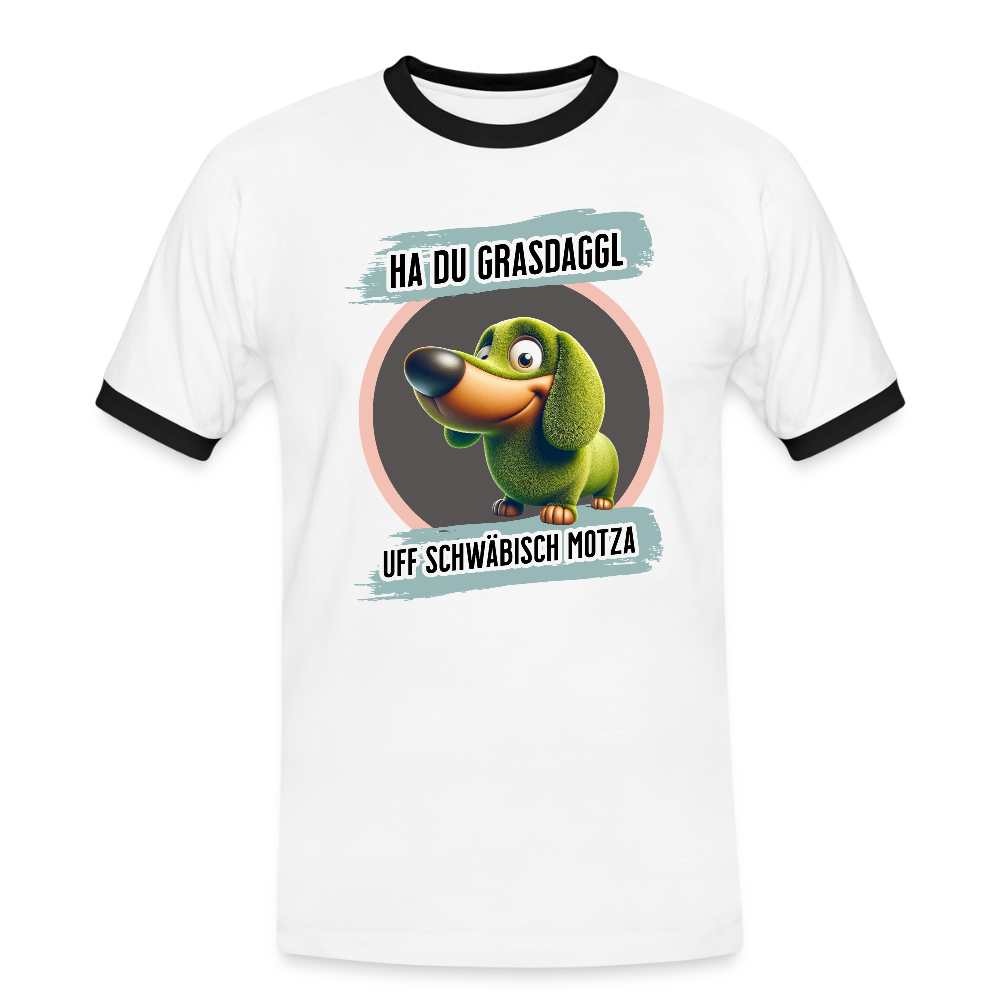 Kontrast Fun T-Shirt Motiv "Ha du Grasdaggl" (Druck vorne) - Weiß/Schwarz