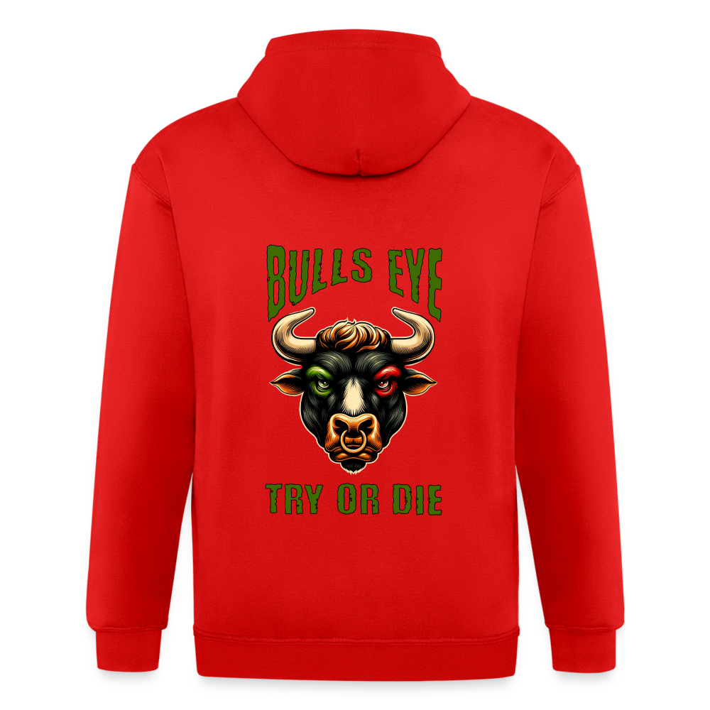 Maenner Heavyweight Darts-Kapuzenjacke Motiv "Bulls Eye" (Druck hinten, drei Farben, bis XL) - Rot