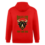 Maenner Heavyweight Darts-Kapuzenjacke Motiv "Bulls Eye" (Druck hinten, drei Farben, bis XL) - Rot