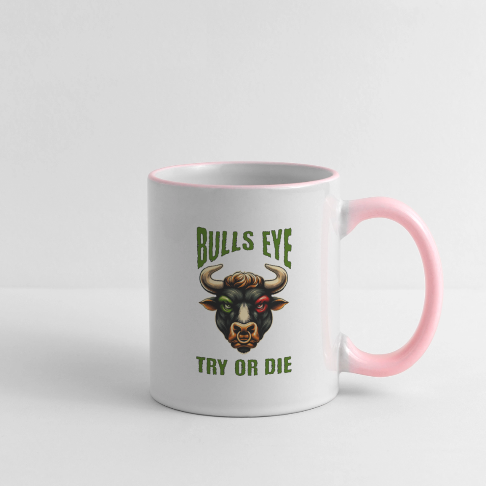 Darts-Tasse zweifarbig Motiv "Try or Die" - Weiß/Pink