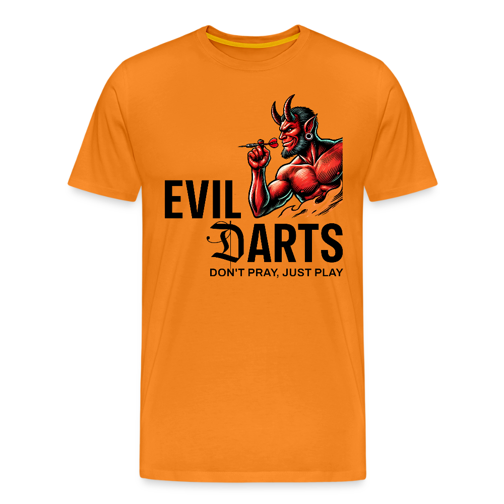 Premium Darts-T-Shirt fuer Maenner Motiv "Don't Pray" (Druck vorne hell) - Orange