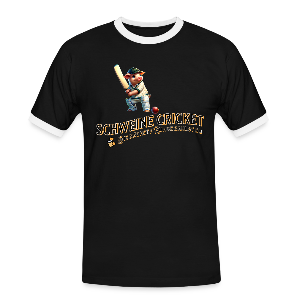 Kontrast-Darts T-Shirt fuer Maenner: Motiv Schweine Cricket (Druck vorne) - Schwarz/Weiß
