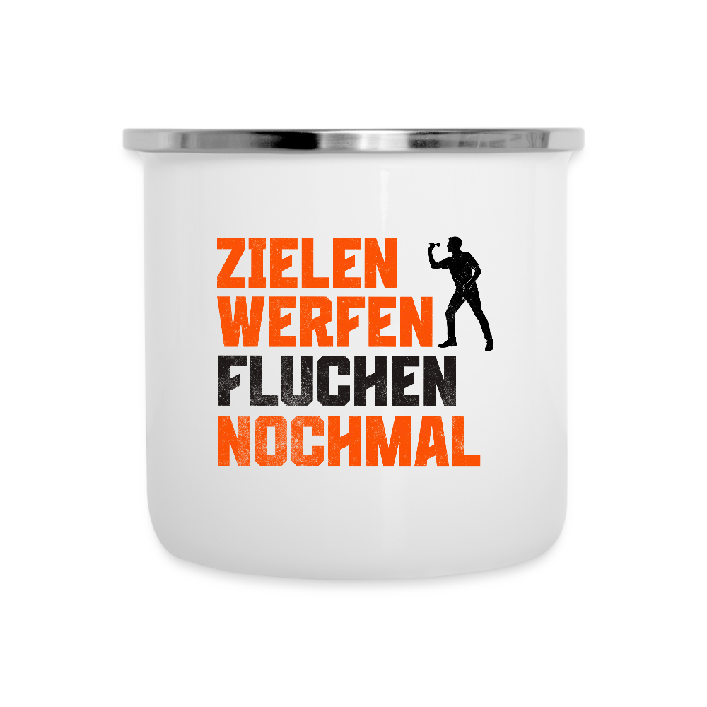 Emaille-Tasse Darts-Motiv "Dartsfluch" - Weiß
