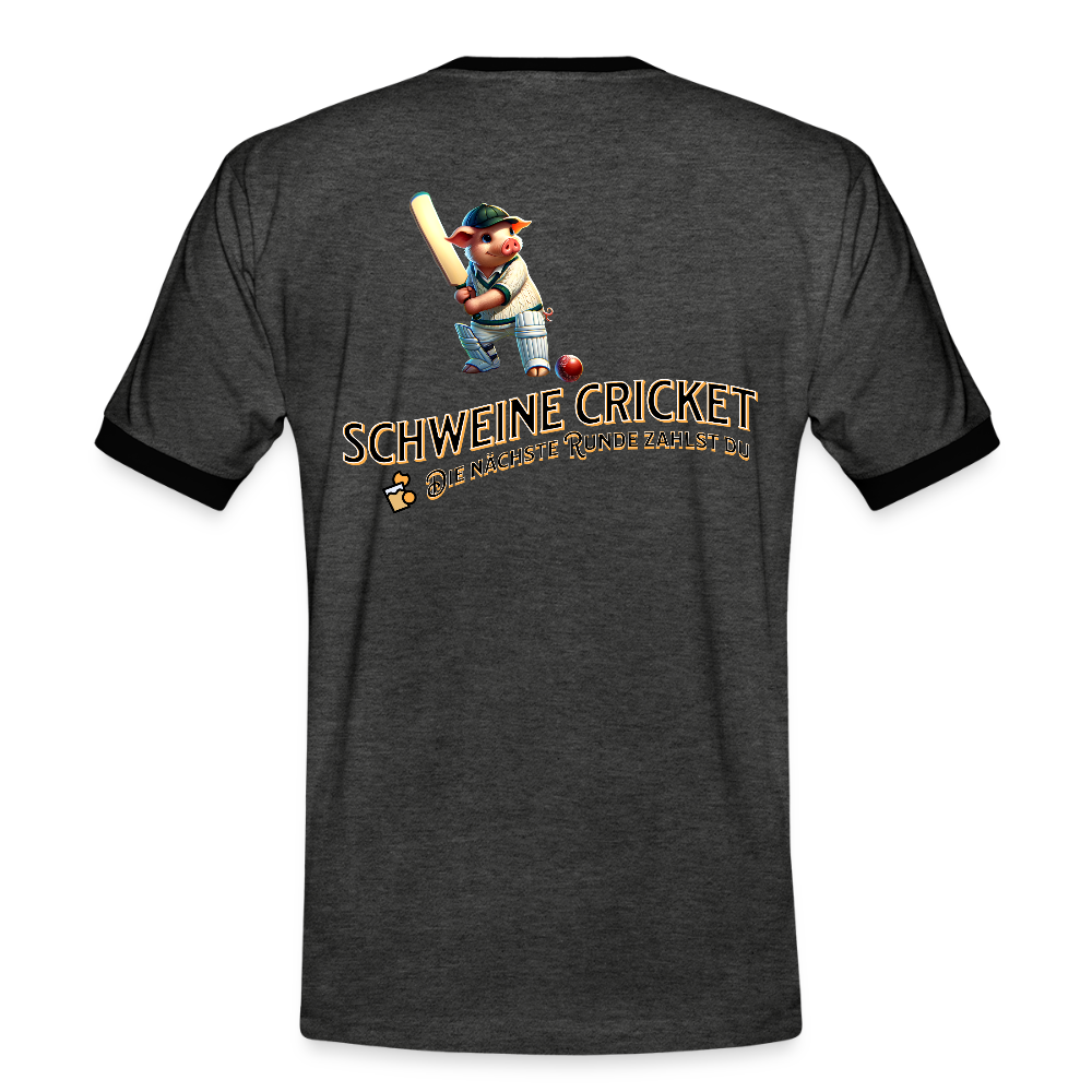 Kontrast-Darts T-Shirt fuer Maenner: Motiv Schweine Cricket (Druck hinten) - Anthrazit/Schwarz