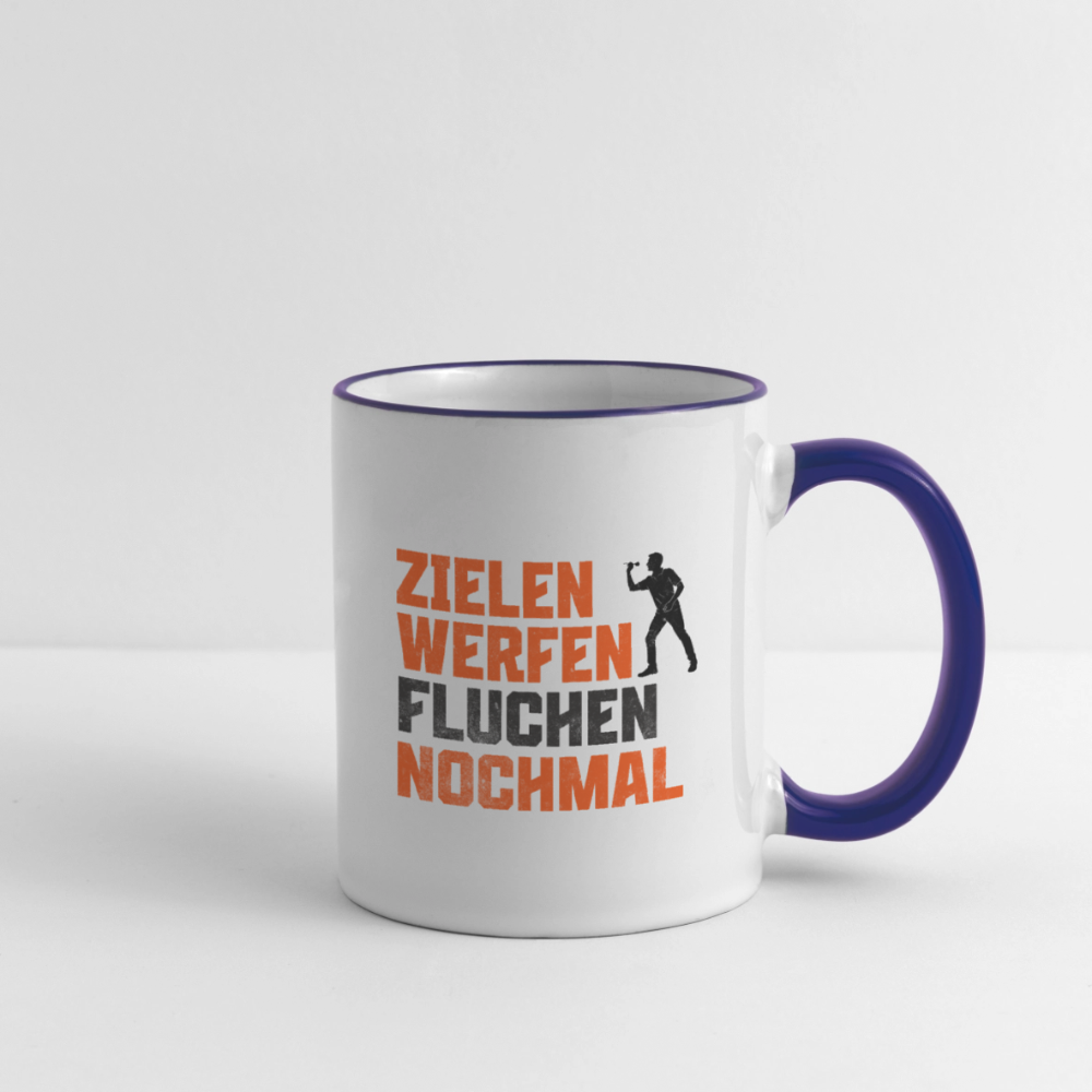 Darts-Tasse zweifarbig Motiv "Dartsfluch" - Weiß/Kobaltblau