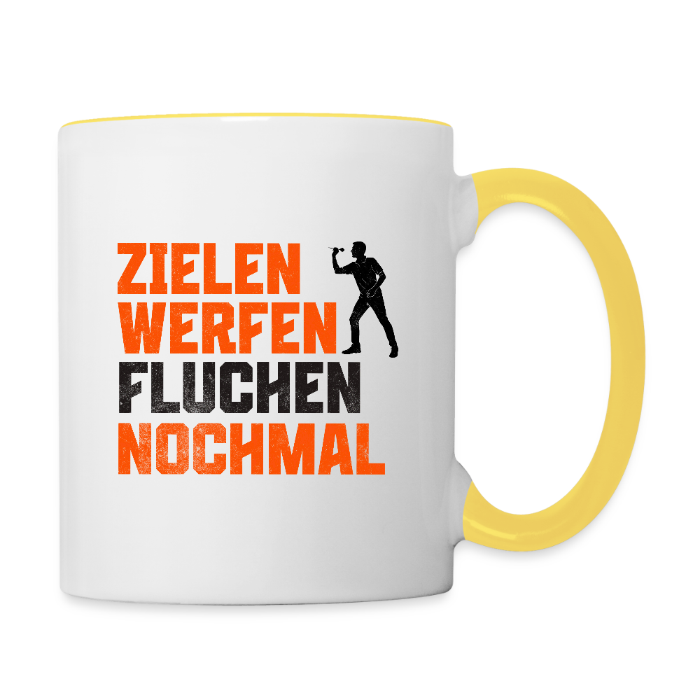 Darts-Tasse zweifarbig Motiv "Dartsfluch" - Weiß/Gelb