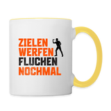 Darts-Tasse zweifarbig Motiv "Dartsfluch" - Weiß/Gelb