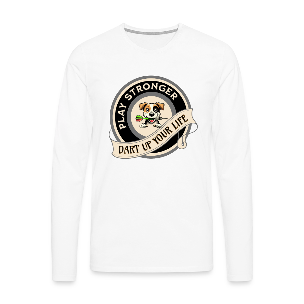 Premium-Darts-Langarmshirt für Maenner Motiv "Play Stronger" - Weiß