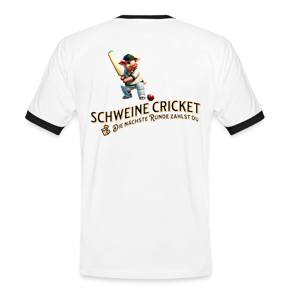 Kontrast-Darts T-Shirt fuer Maenner: Motiv Schweine Cricket (Druck hinten) - Weiß/Schwarz
