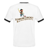 Kontrast-Darts T-Shirt fuer Maenner: Motiv Schweine Cricket (Druck hinten) - Weiß/Schwarz