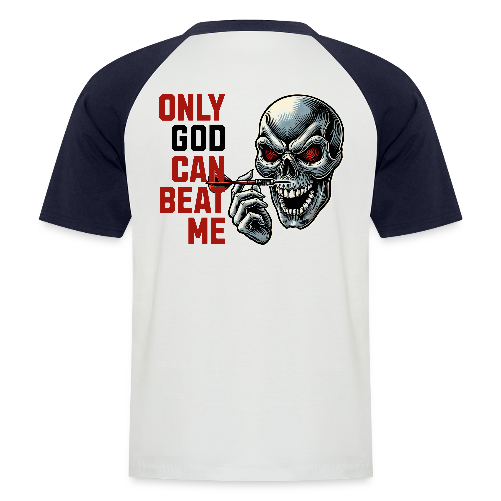 Baseball Darts-T-Shirt "Motiv Only God" (Druck hinten) - Weiß/Navy