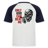 Baseball Darts-T-Shirt "Motiv Only God" (Druck hinten) - Weiß/Navy