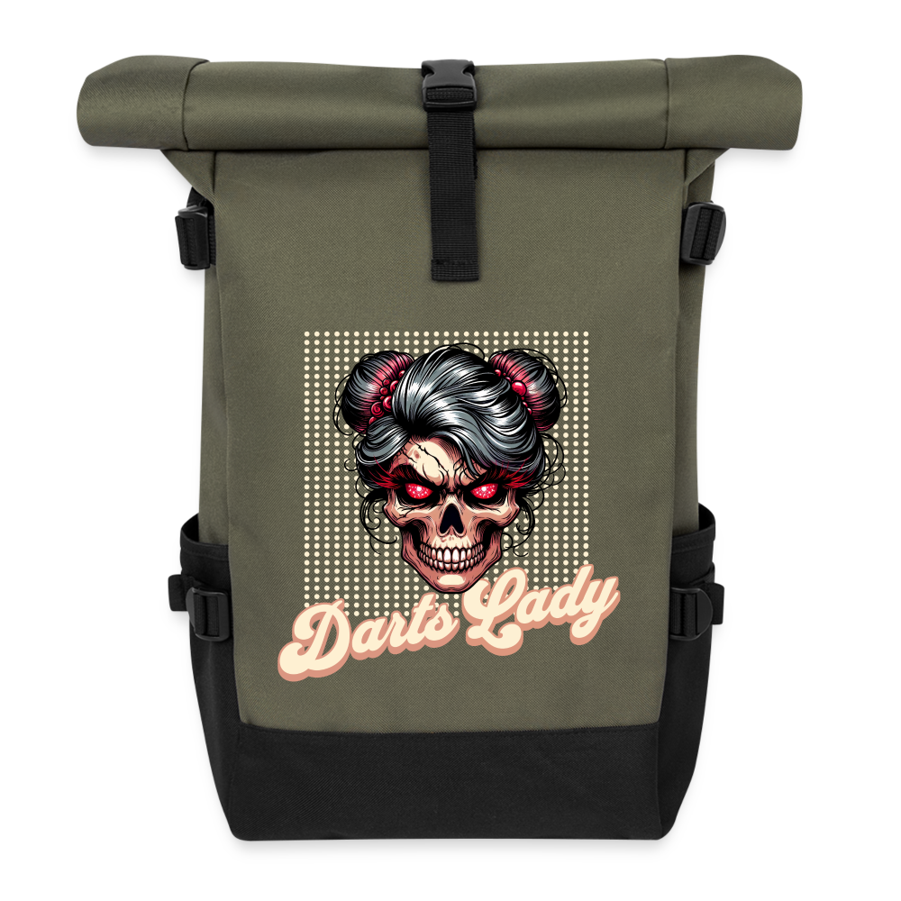 Rolltop Darts-Rucksack Motiv "Darts-Lady" - Olive/Schwarz