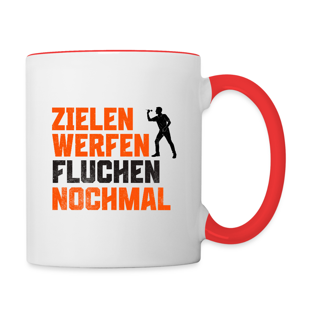 Darts-Tasse zweifarbig Motiv "Dartsfluch" - Weiß/Rot