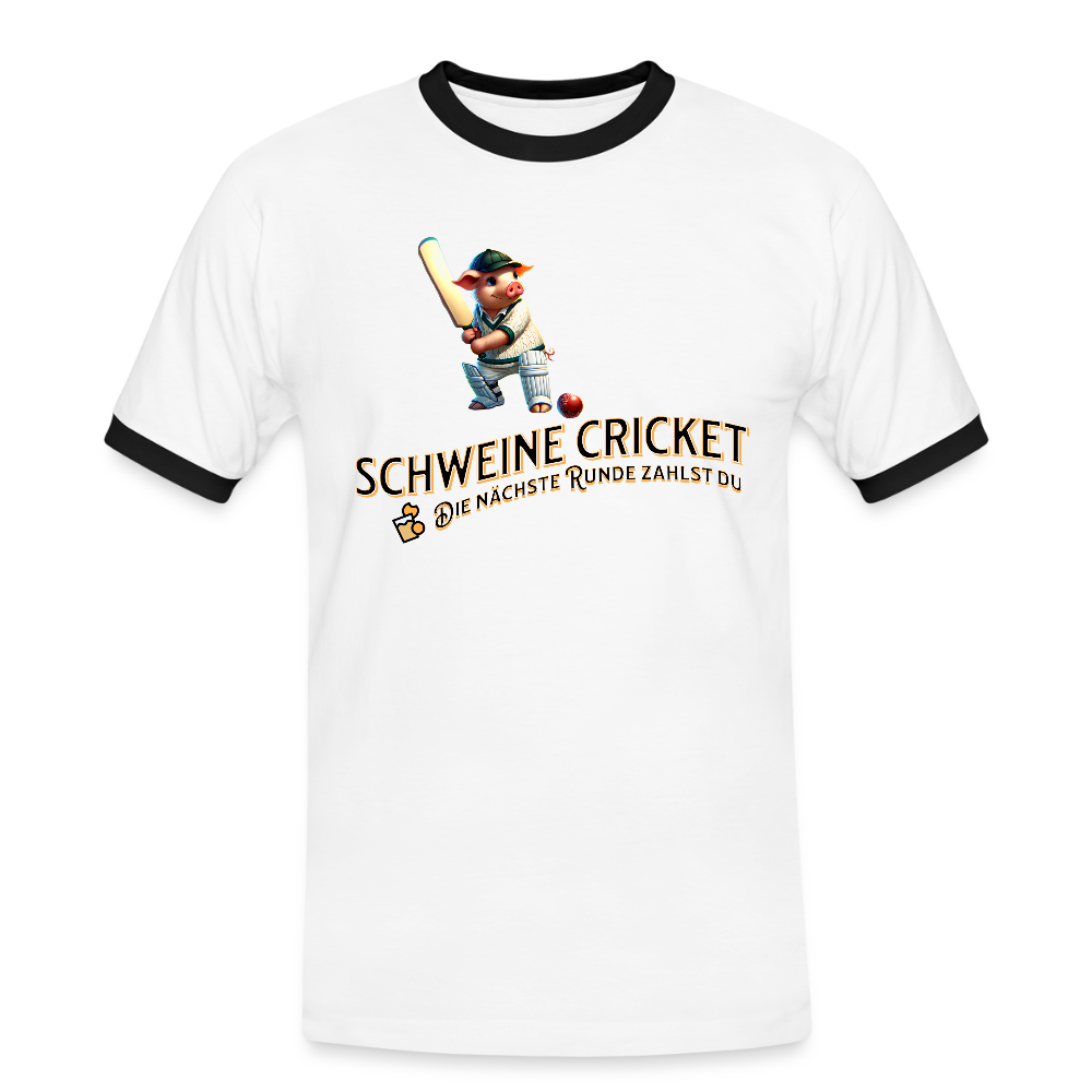 Kontrast-Darts T-Shirt fuer Maenner: Motiv Schweine Cricket (Druck vorne) - Weiß/Schwarz