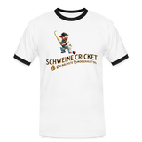 Kontrast-Darts T-Shirt fuer Maenner: Motiv Schweine Cricket (Druck vorne) - Weiß/Schwarz