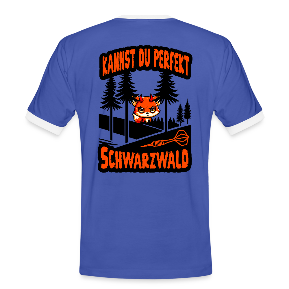 Kontrast-Darts-T-Shirt Motiv "Schwarzwald Perfekt" - Blau/Weiß