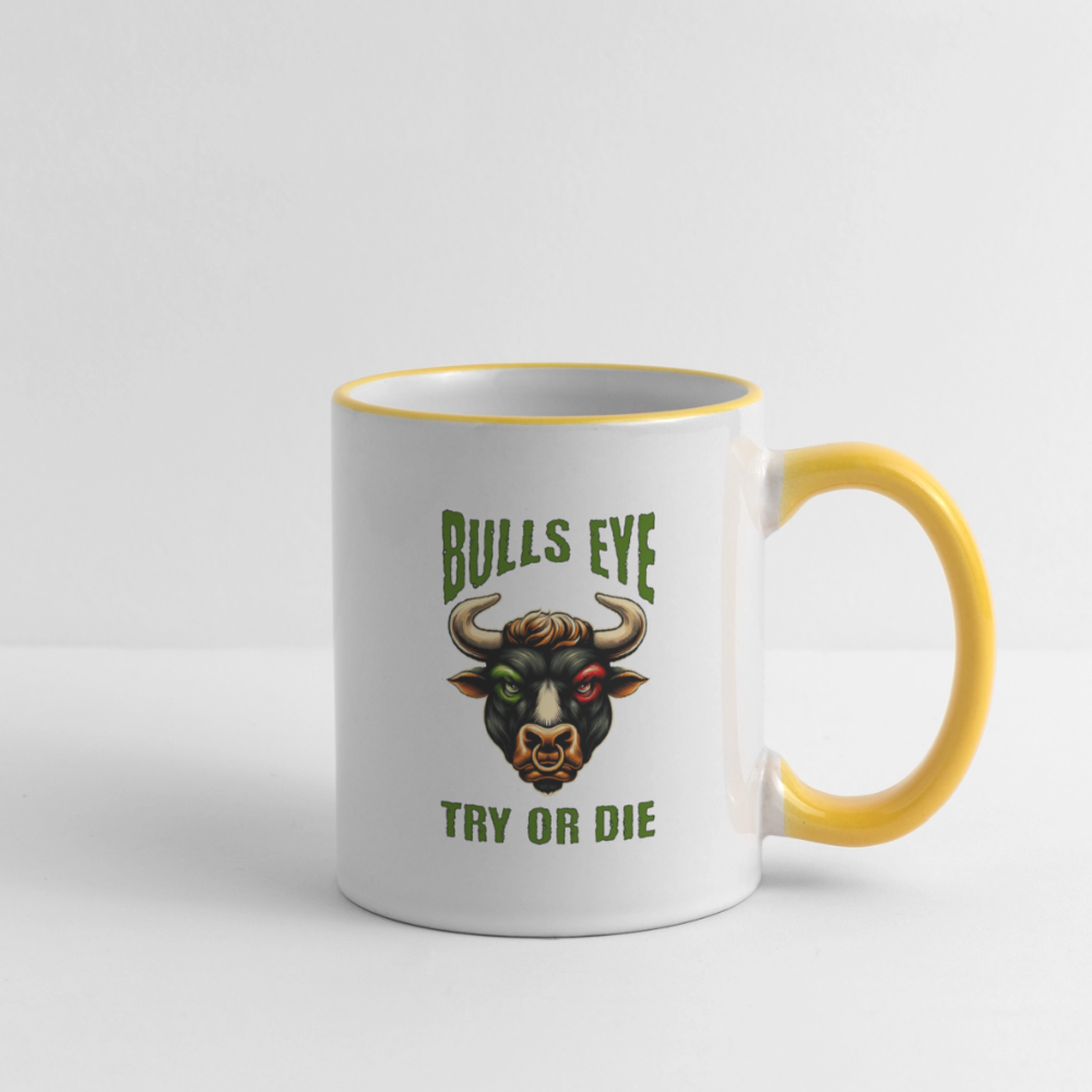 Darts-Tasse zweifarbig Motiv "Try or Die" - Weiß/Gelb