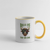 Darts-Tasse zweifarbig Motiv "Try or Die" - Weiß/Gelb