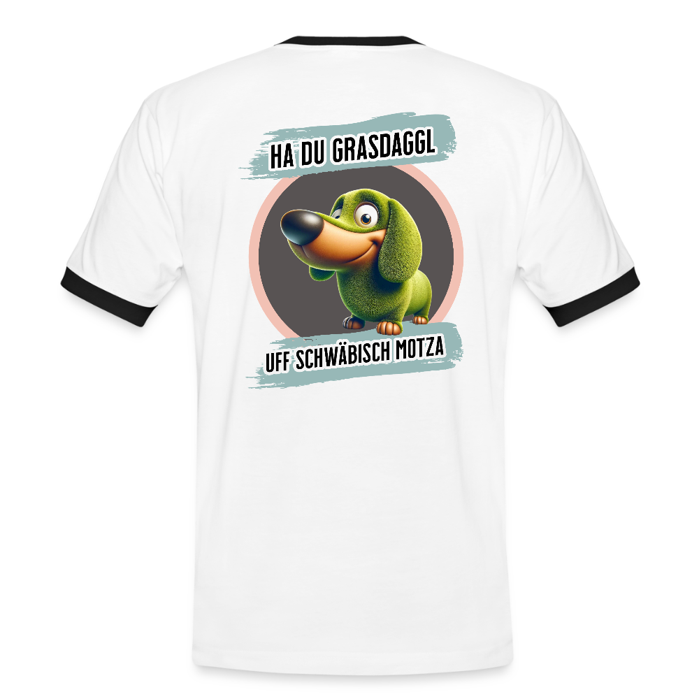 Kontrast Fun T-Shirt fuer Maenner Motiv "Ha du Grasdaggl" (Druck hinten) - Weiß/Schwarz