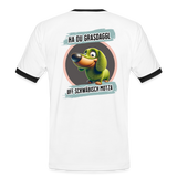 Kontrast Fun T-Shirt fuer Maenner Motiv "Ha du Grasdaggl" (Druck hinten) - Weiß/Schwarz