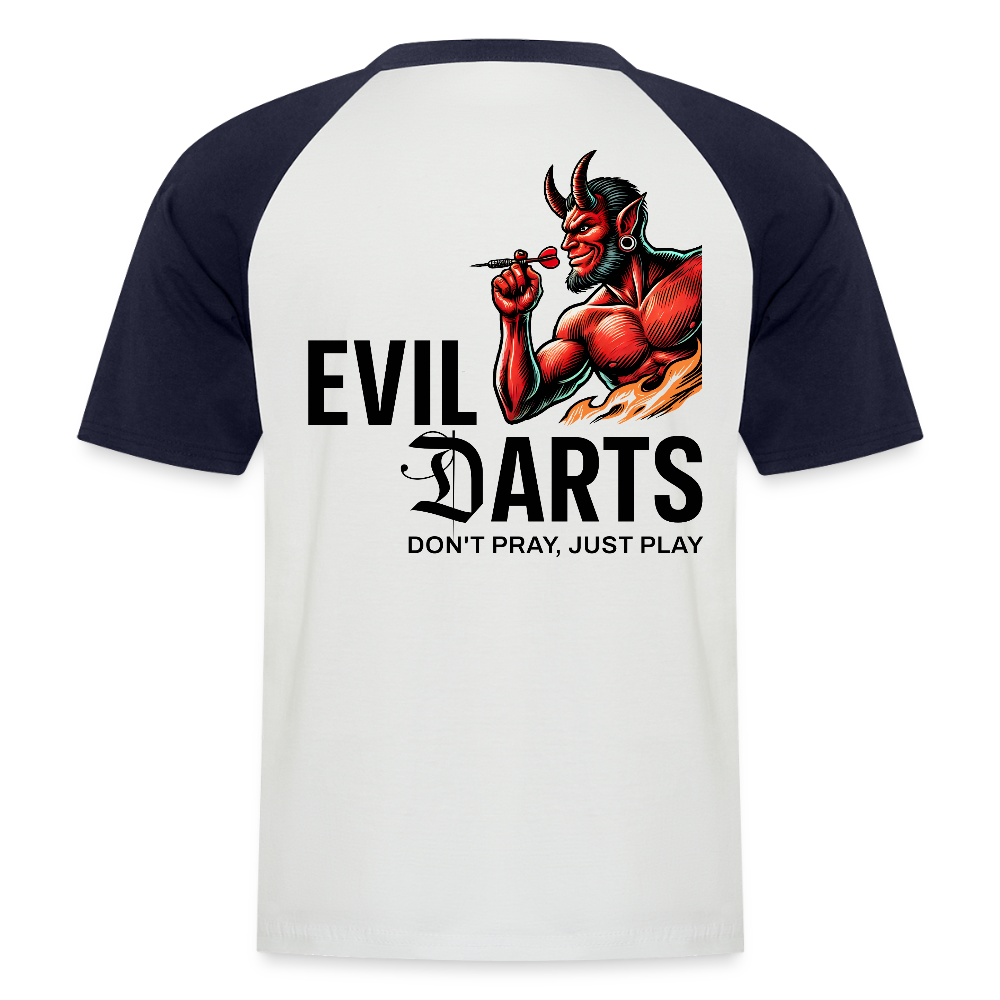 Baseball Darts-T-Shirt fuer Maenner Motiv "Don't Pray" (Druck hinten) - Weiß/Navy