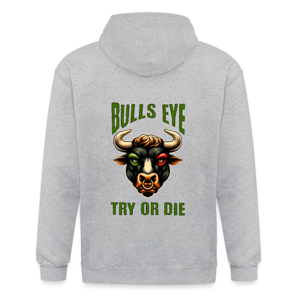 Maenner Heavyweight Darts-Kapuzenjacke Motiv "Bulls Eye" (Druck hinten, drei Farben, bis XL) - Grau meliert