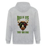 Maenner Heavyweight Darts-Kapuzenjacke Motiv "Bulls Eye" (Druck hinten, drei Farben, bis XL) - Grau meliert