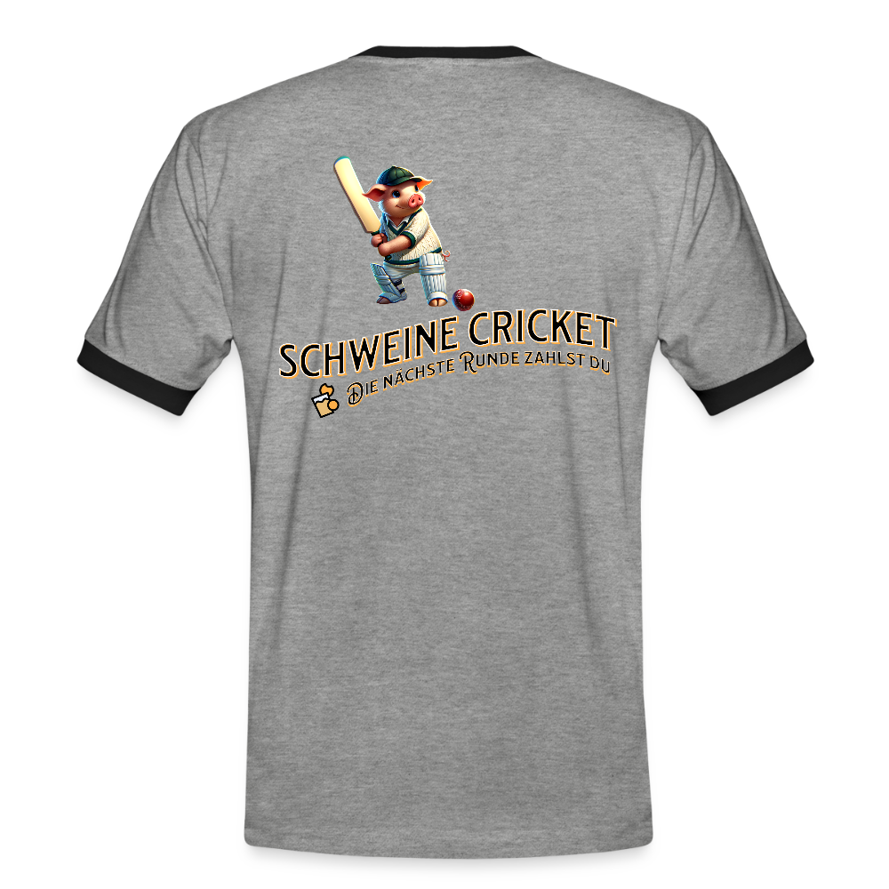 Kontrast-Darts T-Shirt fuer Maenner: Motiv Schweine Cricket (Druck hinten) - Grau meliert/Schwarz