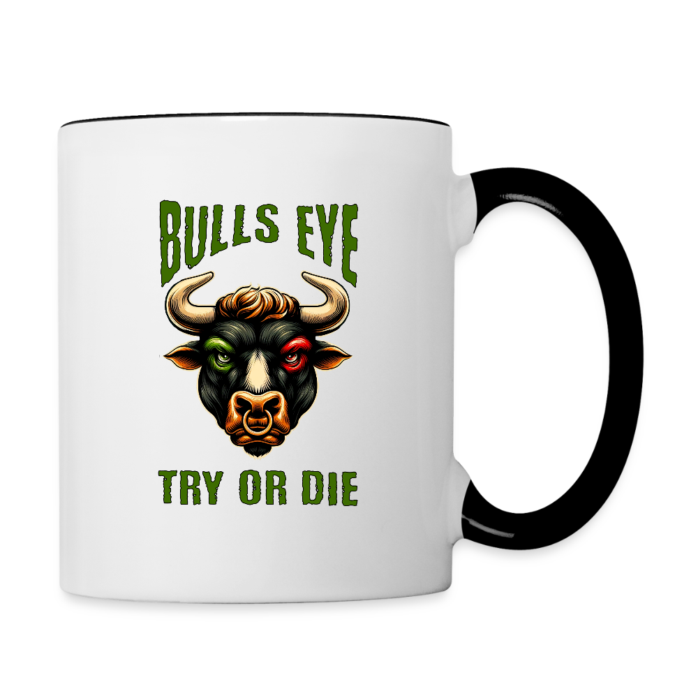 Darts-Tasse zweifarbig Motiv "Try or Die" - Weiß/Schwarz