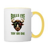 Darts-Tasse zweifarbig Motiv "Try or Die" - Weiß/Gelb