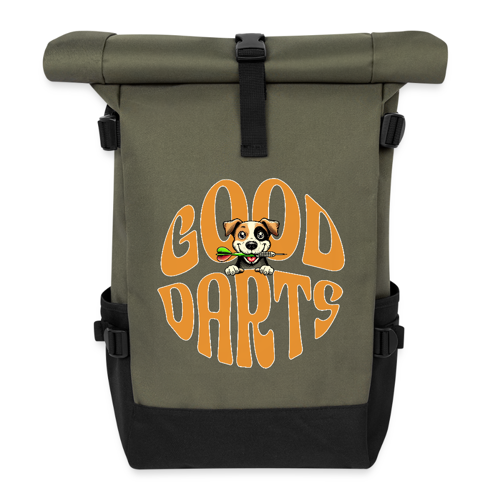 Darts-Rolltop-Rucksack Motiv "Good Darts" - Olive/Schwarz