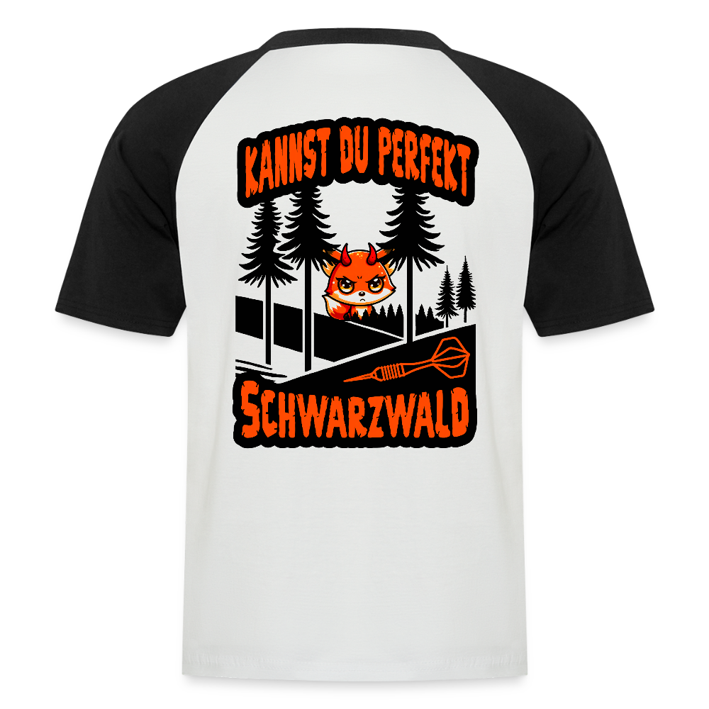 Baseball-Darts-T-Shirt Motiv "Schwarzwald Perfekt" (druck hinten) - Weiß/Schwarz