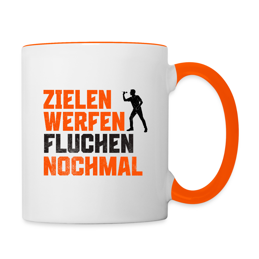 Darts-Tasse zweifarbig Motiv "Dartsfluch" - Weiß/Orange