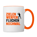 Darts-Tasse zweifarbig Motiv "Dartsfluch" - Weiß/Orange