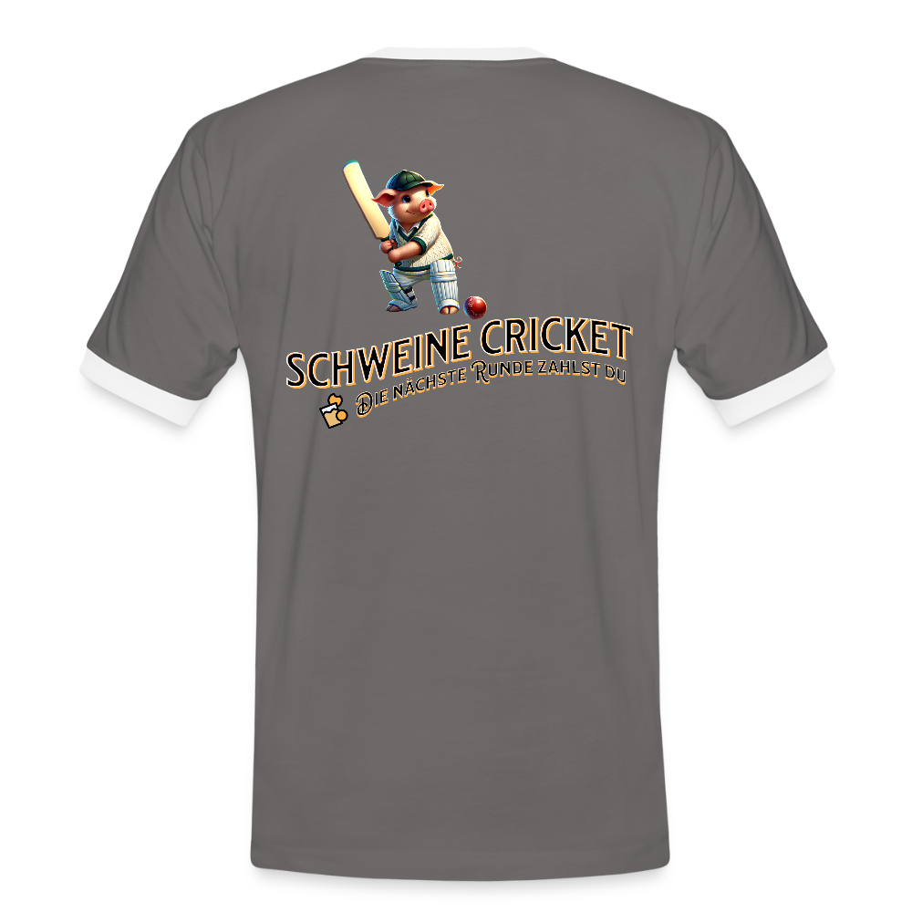 Kontrast-Darts T-Shirt fuer Maenner: Motiv Schweine Cricket (Druck hinten) - Dunkelgrau/Weiß