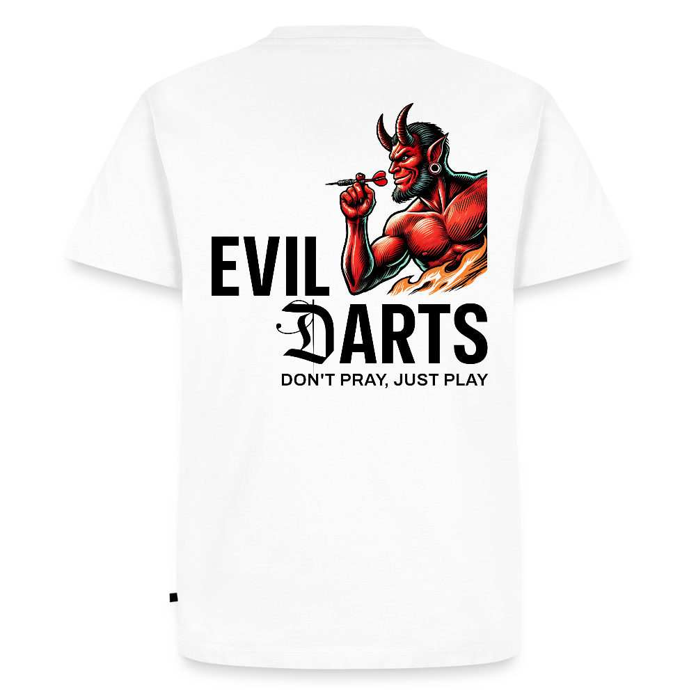 Premium Darts-T-Shirt fuer Maenner Motiv "Don't Pray" (Druck hinten hell) - Weiß