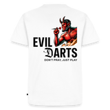 Premium Darts-T-Shirt fuer Maenner Motiv "Don't Pray" (Druck hinten hell) - Weiß