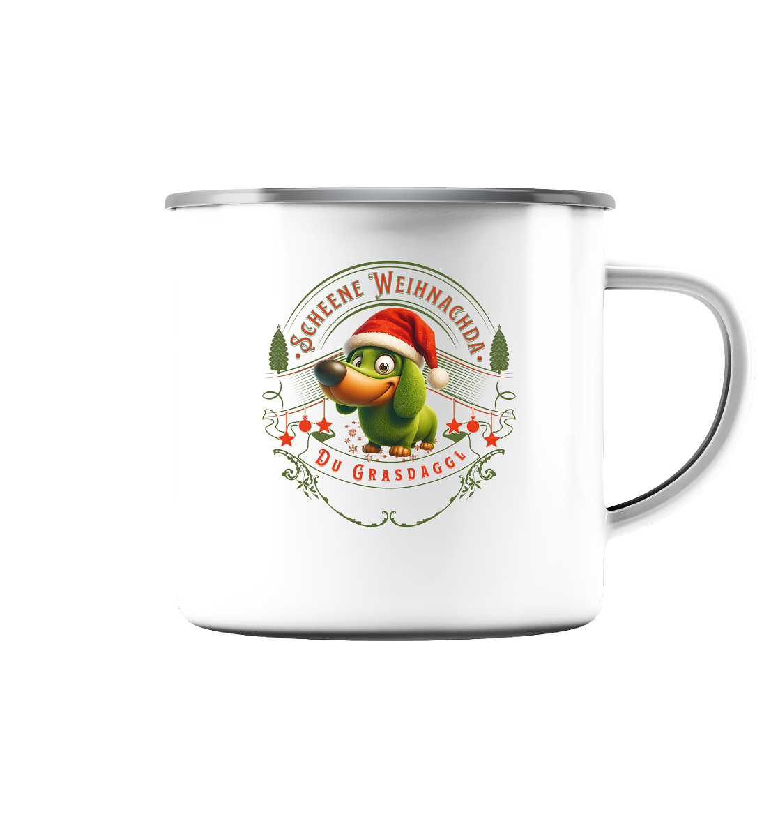 Fun-Emaille-Tasse Motiv "Grasdaggl Weihnachda" (Silber)